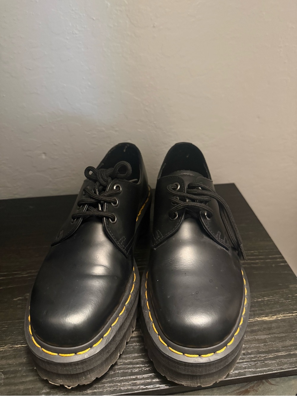 Dr. Martens Black Leather Derby Shoes with Yellow Stitching